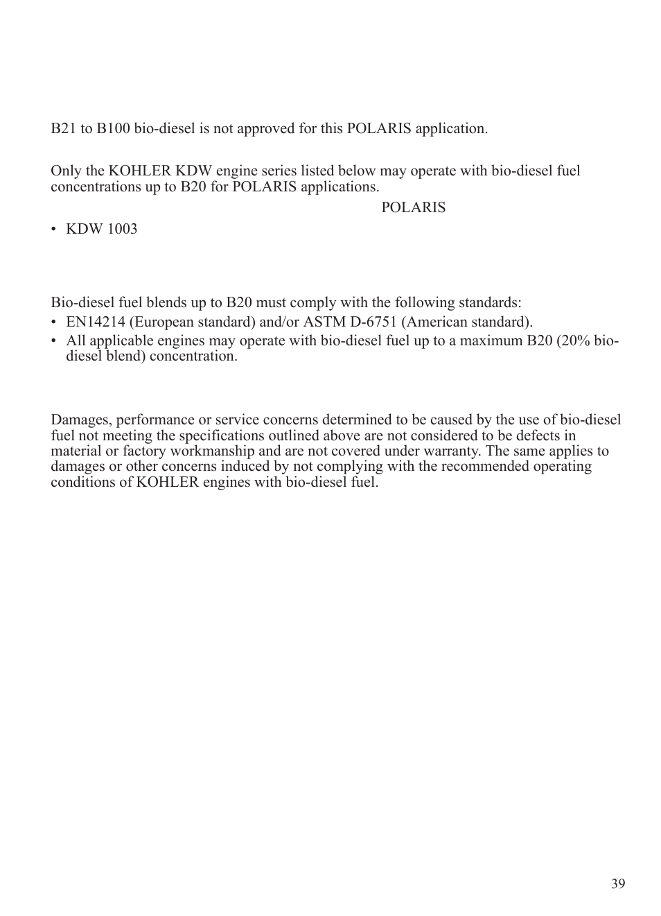 Operation, Fuel recommendations | Polaris 2015 Ranger Diesel / Crew Diesel User Manual | Page 41 / 121