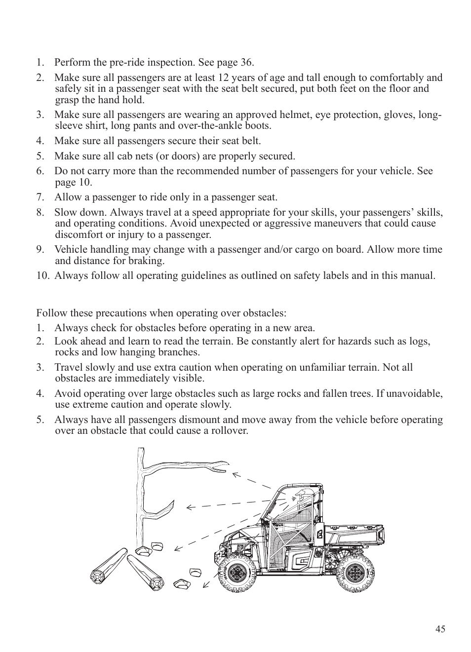 Operation, Driving with a passenger, Driving over obstacles | Polaris 2015 Ranger Diesel / Crew Diesel User Manual | Page 47 / 121