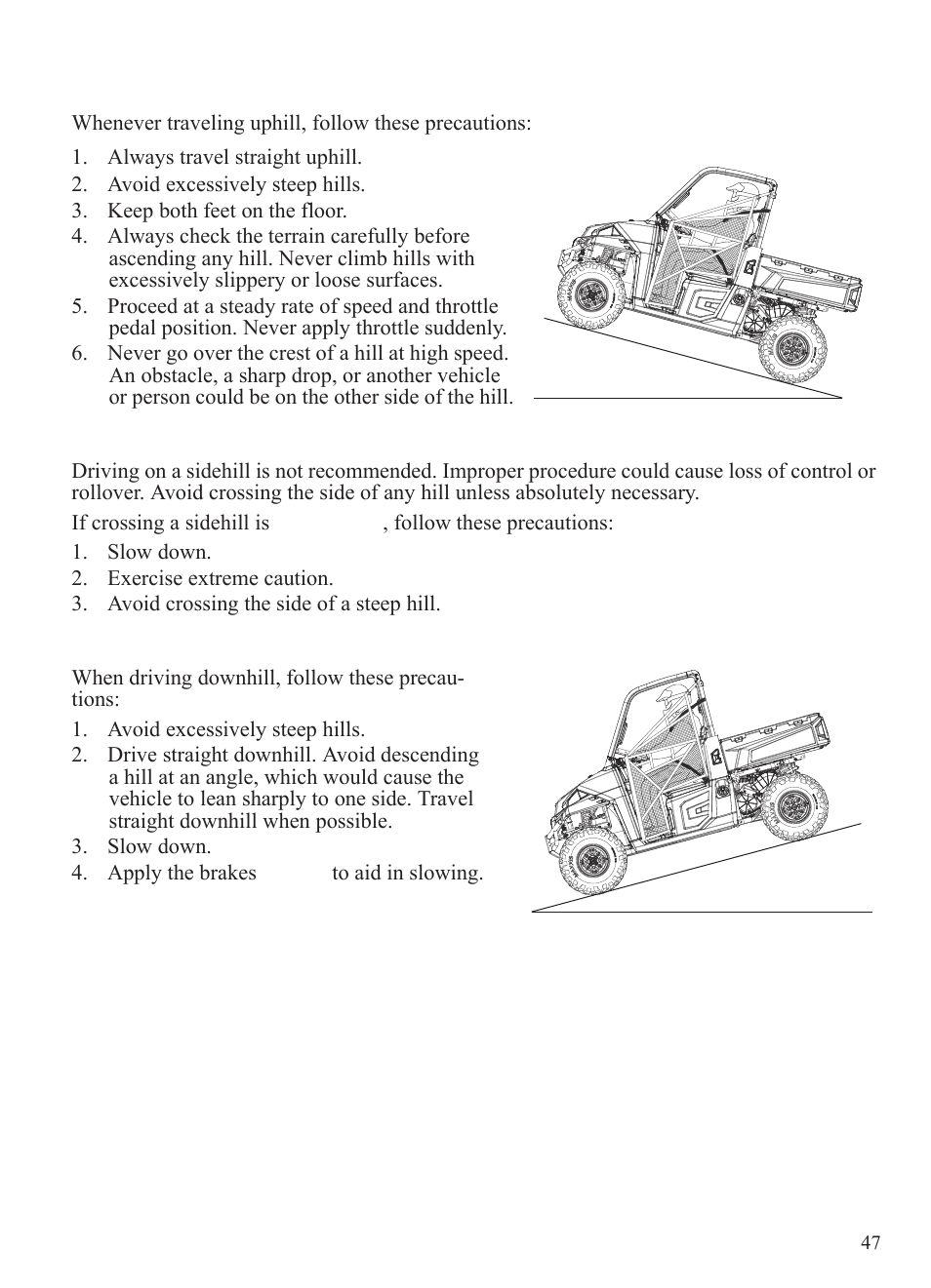 Operation, Driving uphill, Driving on a sidehill (sidehilling) | Driving downhill | Polaris 2015 Ranger Diesel / Crew Diesel User Manual | Page 49 / 121