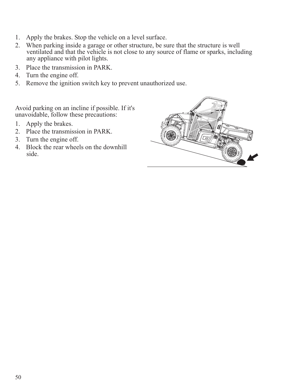 Operation, Parking the vehicle, Parking on an incline | Polaris 2015 Ranger Diesel / Crew Diesel User Manual | Page 52 / 121