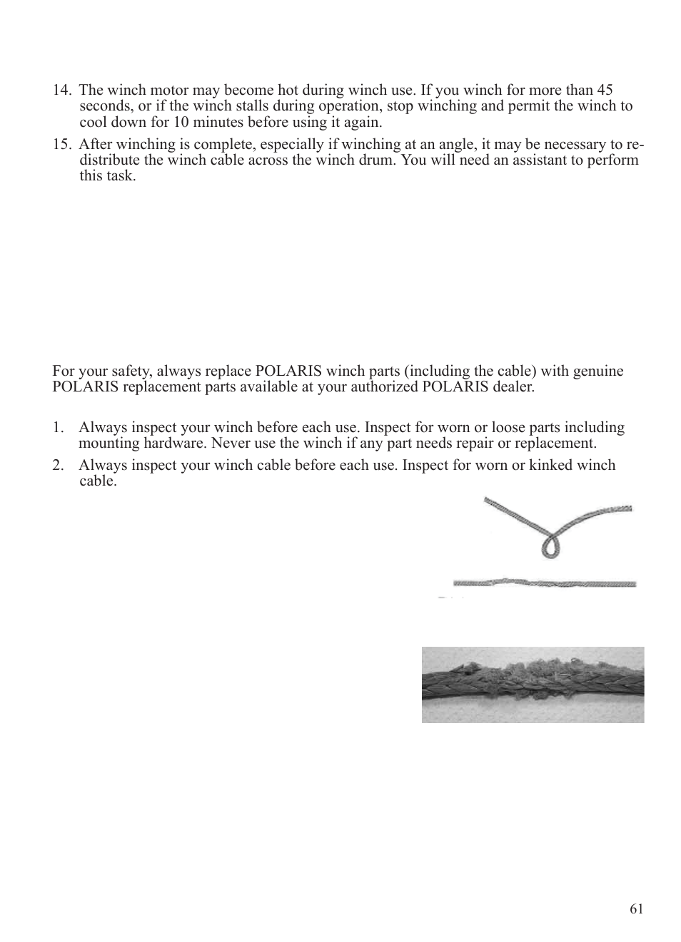 Winch guide, Winch operation, Winch cable care | Ab c | Polaris 2015 Ranger Diesel / Crew Diesel User Manual | Page 63 / 121