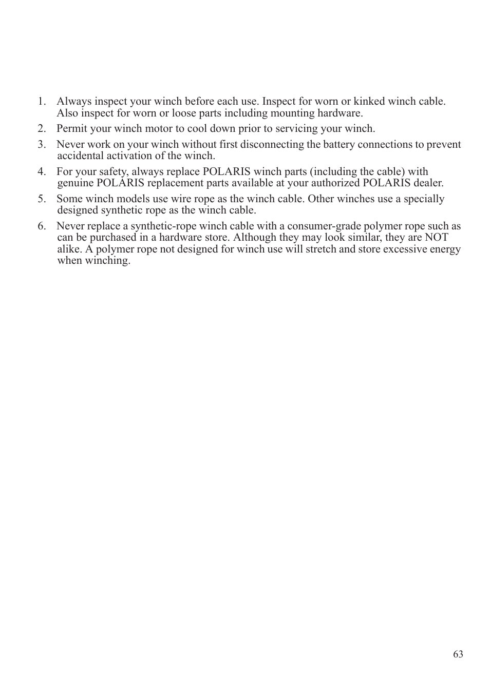 Winch guide, Winch maintenance and service safety | Polaris 2015 Ranger Diesel / Crew Diesel User Manual | Page 65 / 121