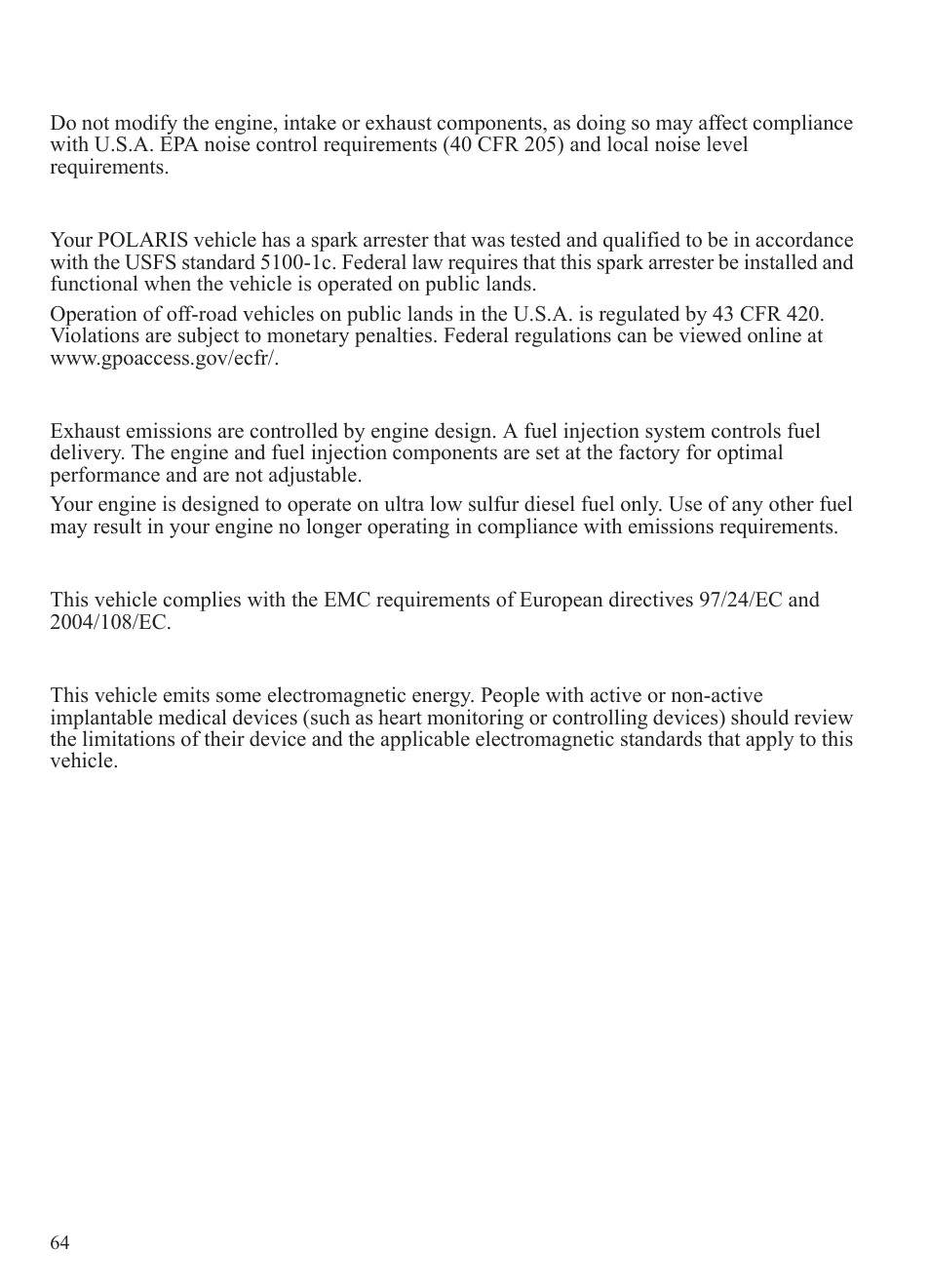 Emission control systems, Noise emission control system, Operation on public lands in the u.s.a | Exhaust emission control system, Electromagnetic interference, Non-ionizing radiation | Polaris 2015 Ranger Diesel / Crew Diesel User Manual | Page 66 / 121