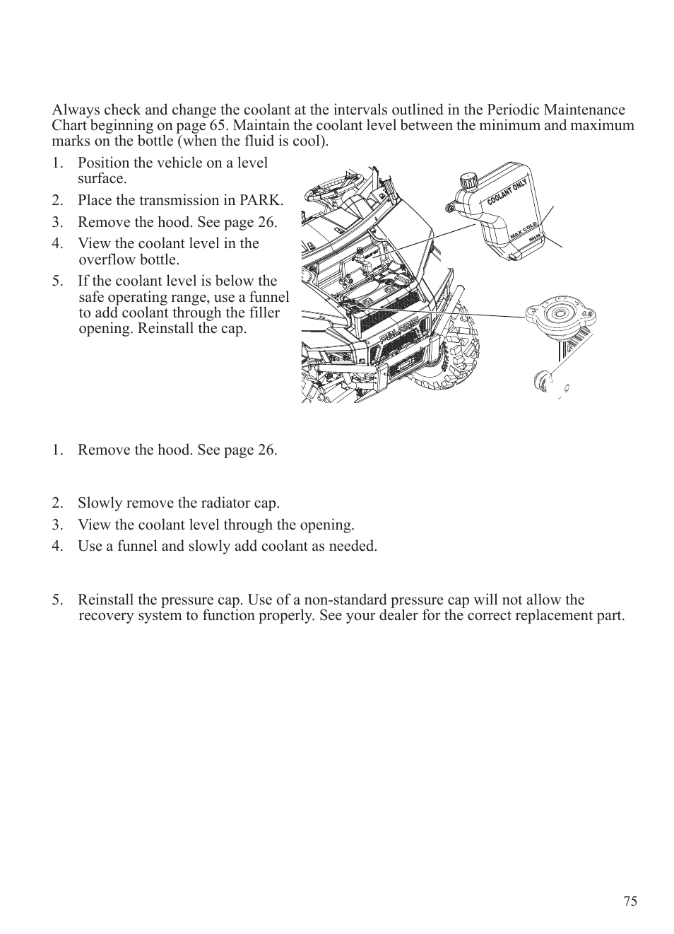 Maintenance, Cooling system, Overflow bottle coolant level | Radiator coolant level/changing procedure | Polaris 2015 Ranger Diesel / Crew Diesel User Manual | Page 77 / 121