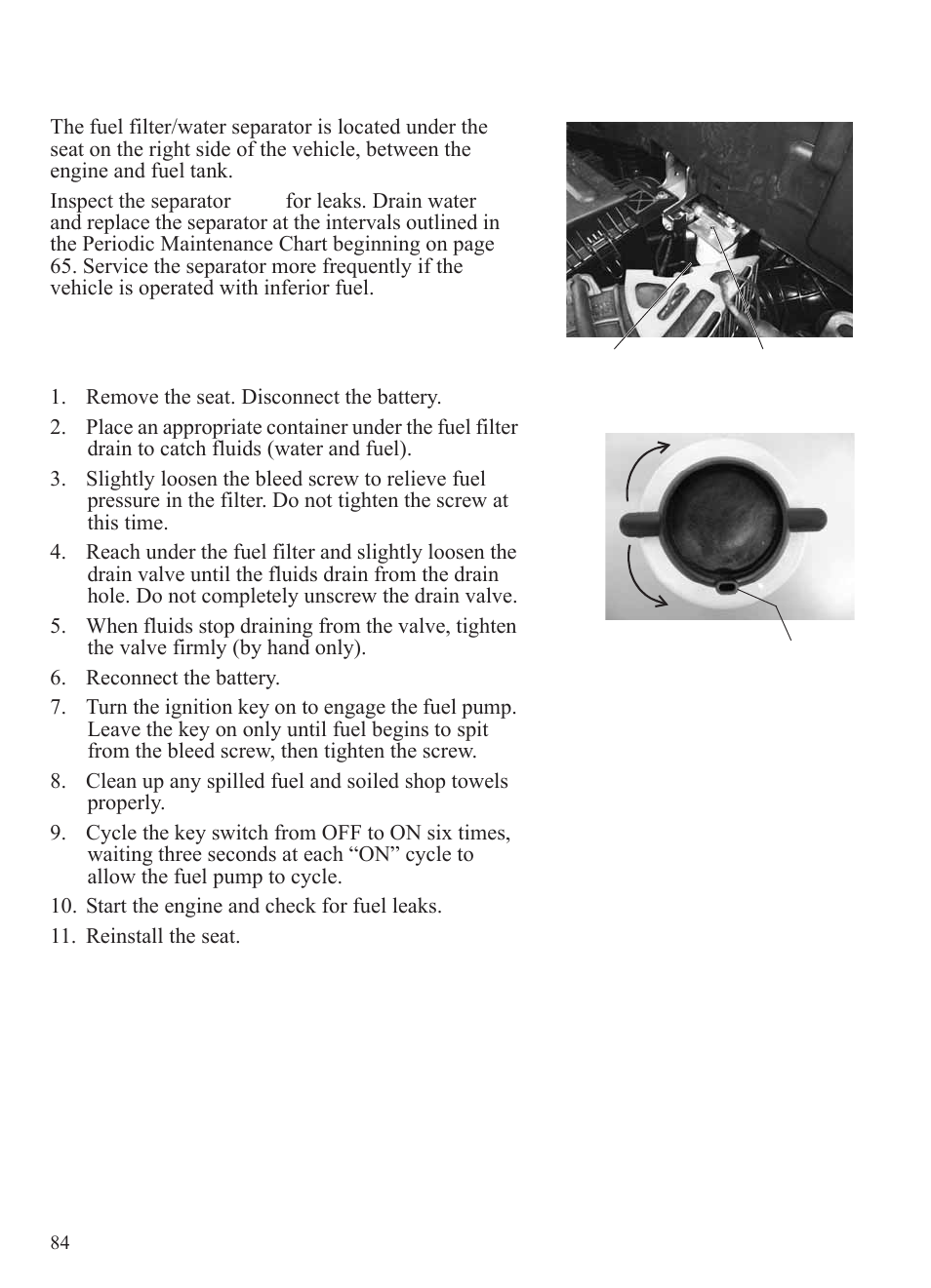 Maintenance, Fuel filter/water separator | Polaris 2015 Ranger Diesel / Crew Diesel User Manual | Page 86 / 121