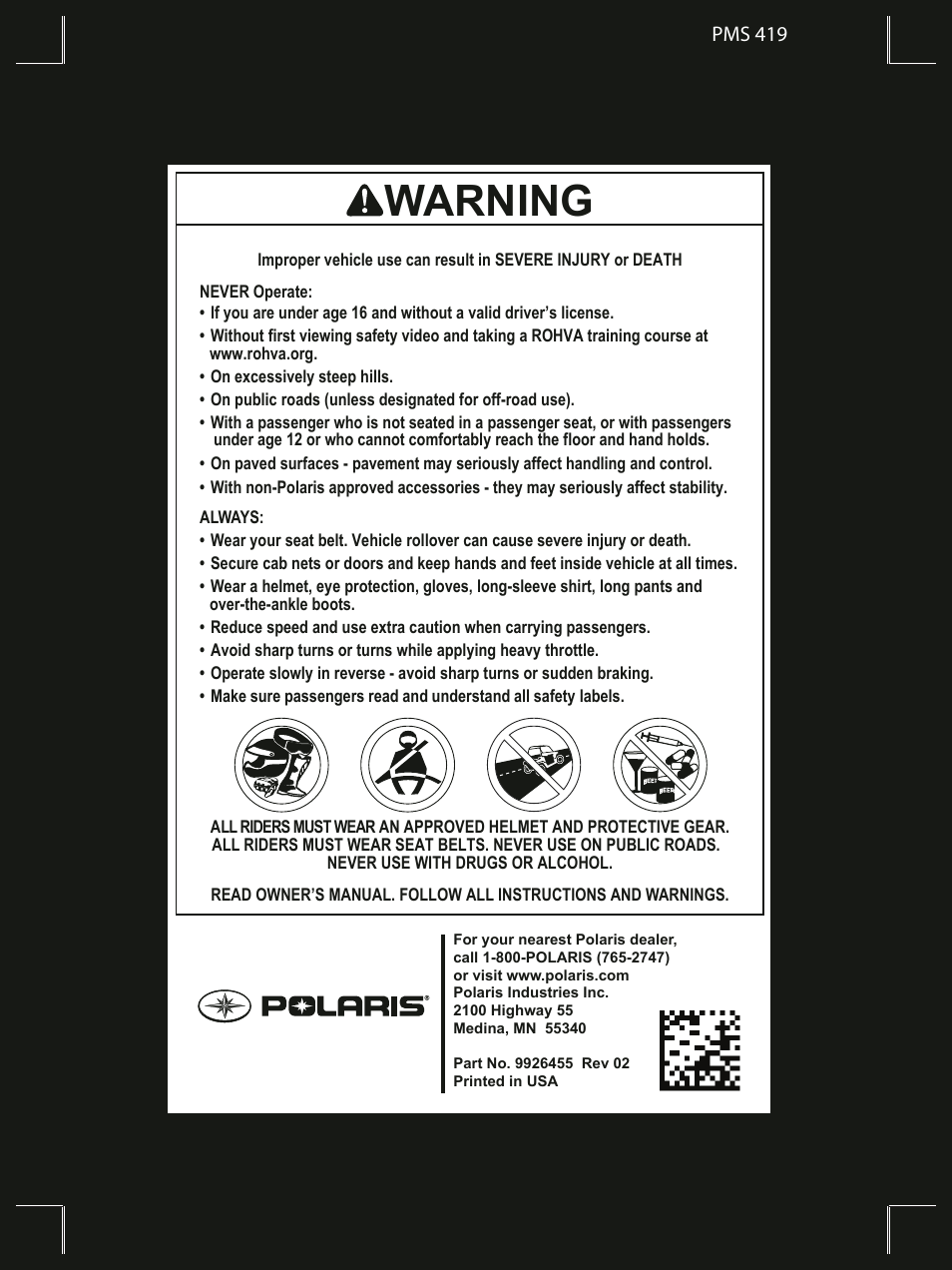 Warning | Polaris 2016 Ranger ETX User Manual | Page 109 / 109