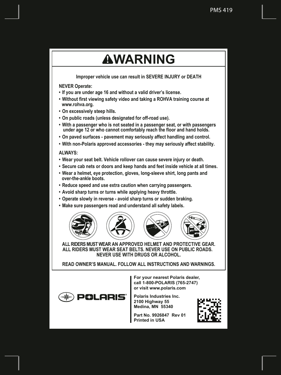 Warning | Polaris 2016 Ranger 570 Full-Size User Manual | Page 100 / 100