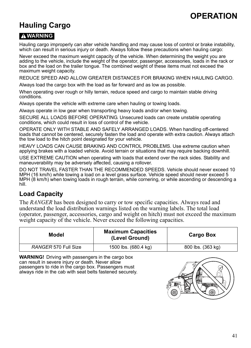 Operation, Hauling cargo, Load capacity | Polaris 2016 Ranger 570 Full-Size User Manual | Page 43 / 100