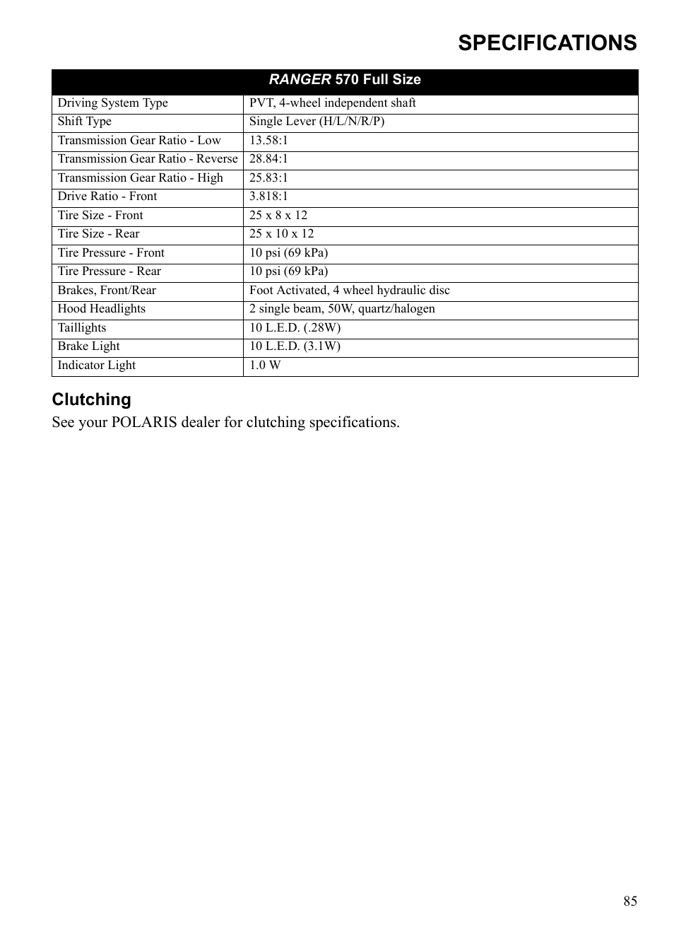 Specifications, Clutching | Polaris 2016 Ranger 570 Full-Size User Manual | Page 87 / 100