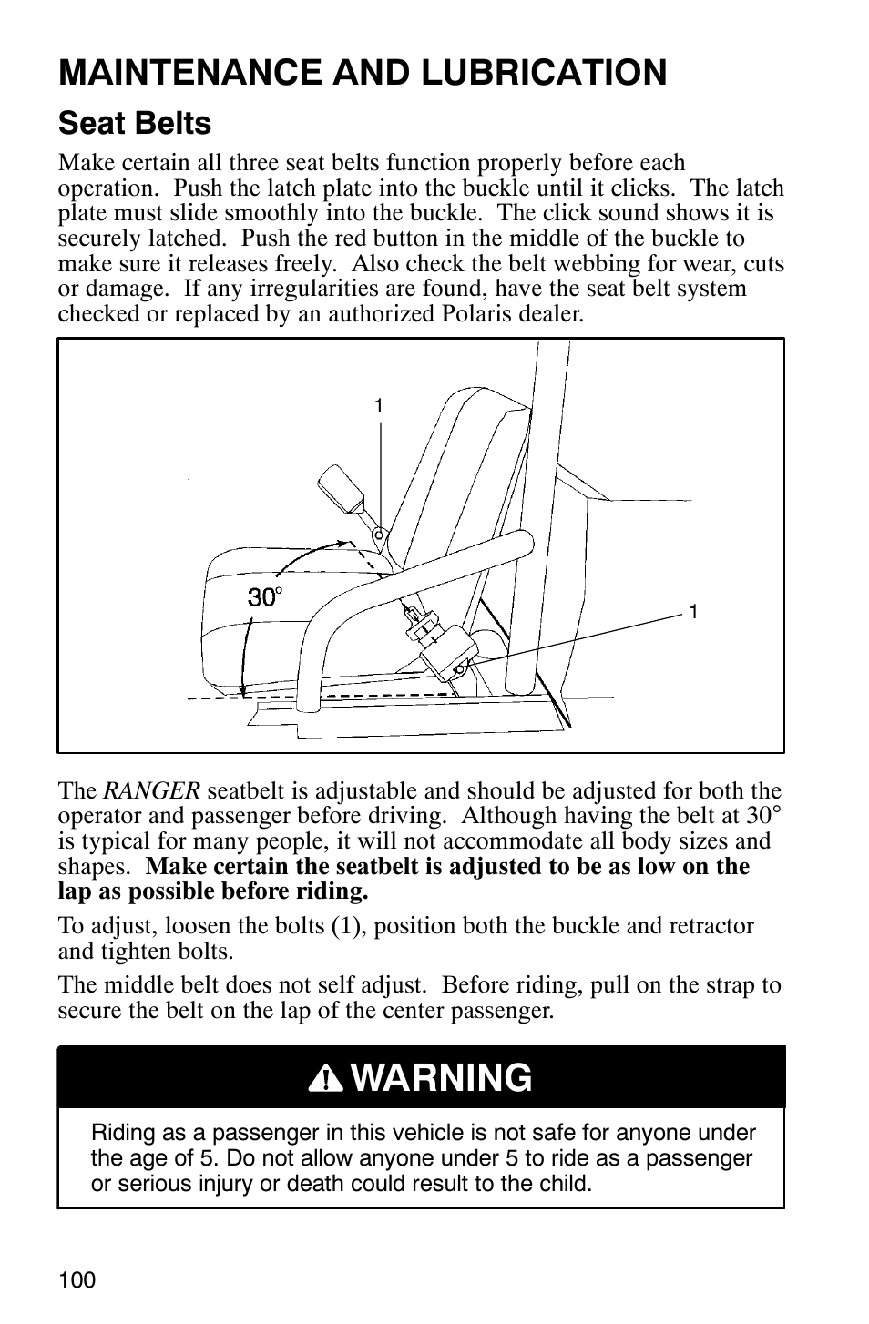 Warning, Maintenance and lubrication, Seat belts | Polaris Series 10 Ranger 425 2x4 User Manual | Page 102 / 121