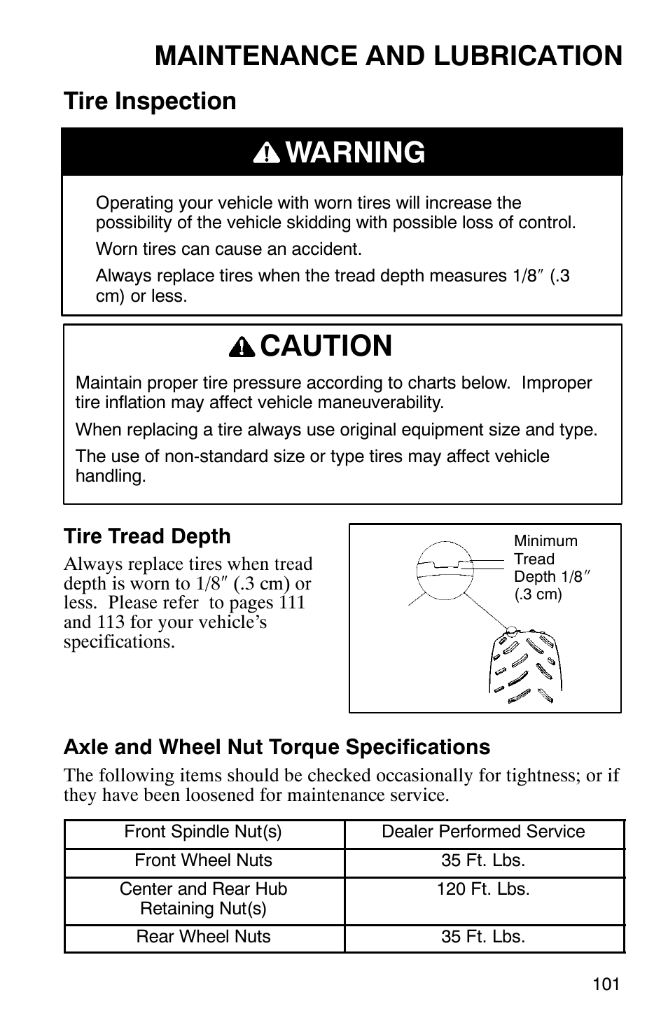 Warning caution, Maintenance and lubrication, Tire inspection | Polaris Series 10 Ranger 425 2x4 User Manual | Page 103 / 121