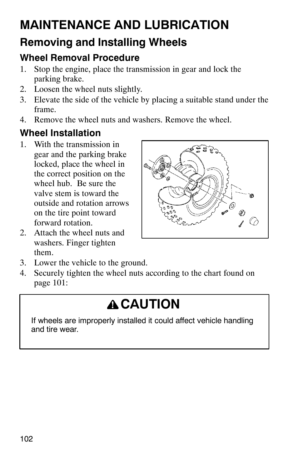 Caution, Maintenance and lubrication, Removing and installing wheels | Polaris Series 10 Ranger 425 2x4 User Manual | Page 104 / 121