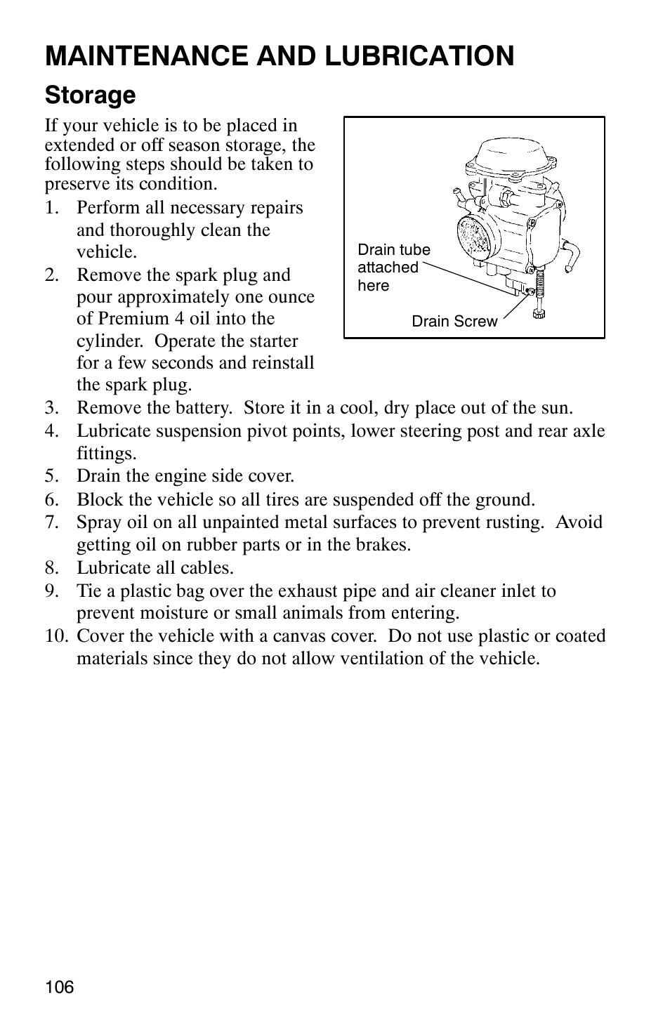 Maintenance and lubrication, Storage | Polaris Series 10 Ranger 425 2x4 User Manual | Page 108 / 121