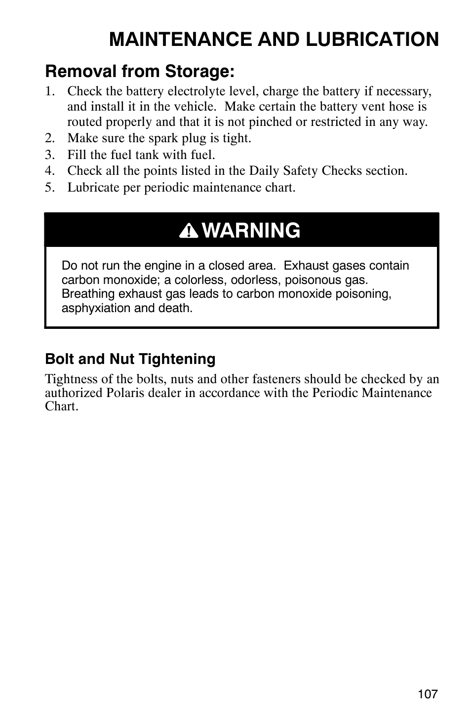 Warning, Maintenance and lubrication, Removal from storage | Polaris Series 10 Ranger 425 2x4 User Manual | Page 109 / 121