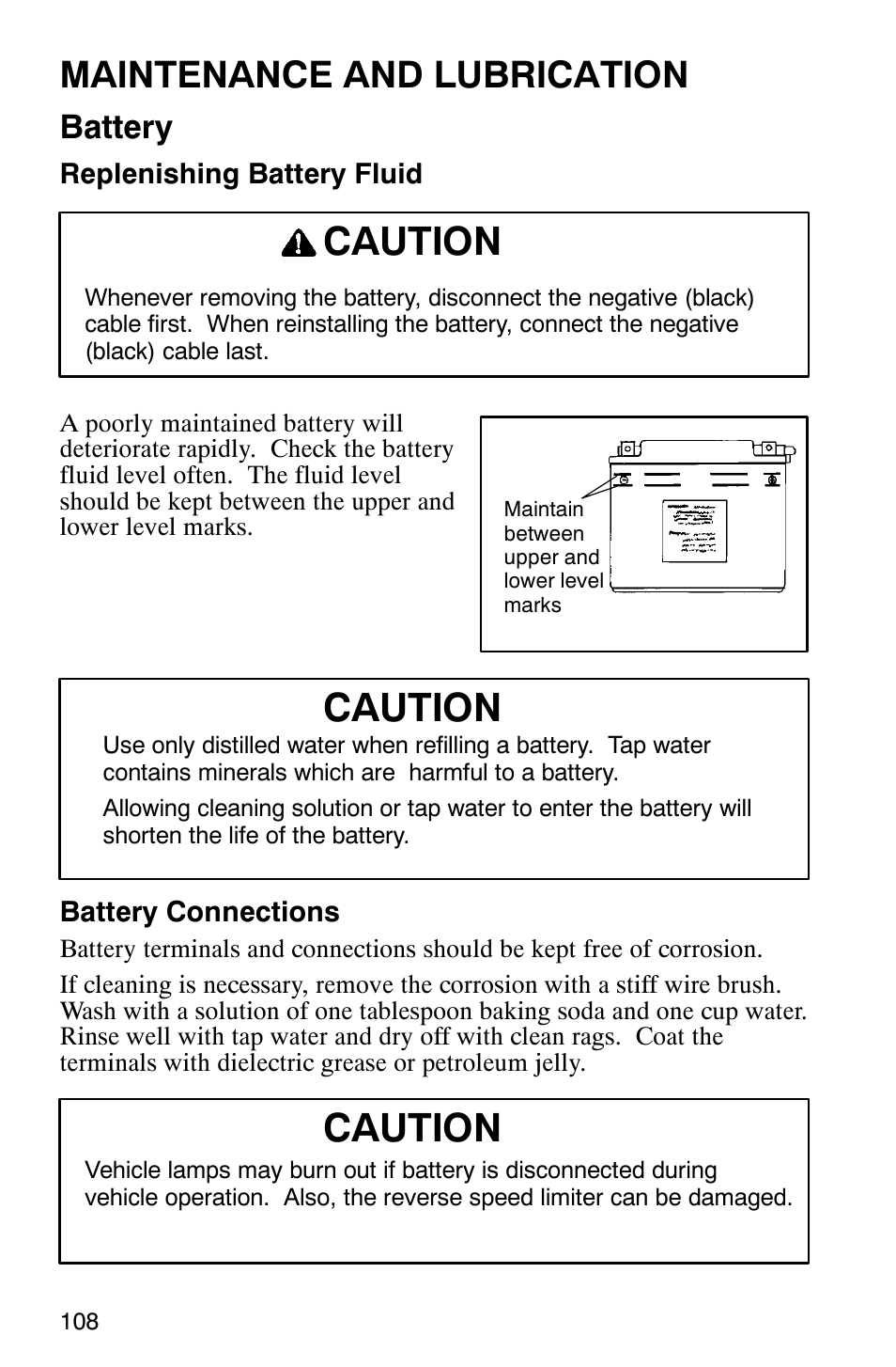 Caution, Maintenance and lubrication, Battery | Polaris Series 10 Ranger 425 2x4 User Manual | Page 110 / 121