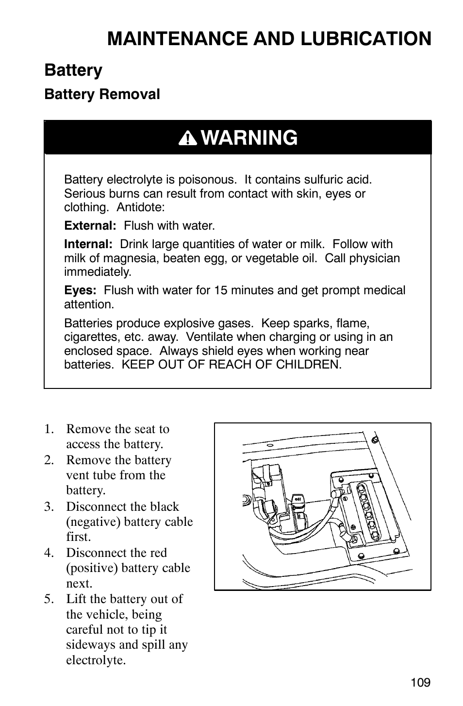 Warning, Maintenance and lubrication, Battery | Polaris Series 10 Ranger 425 2x4 User Manual | Page 111 / 121
