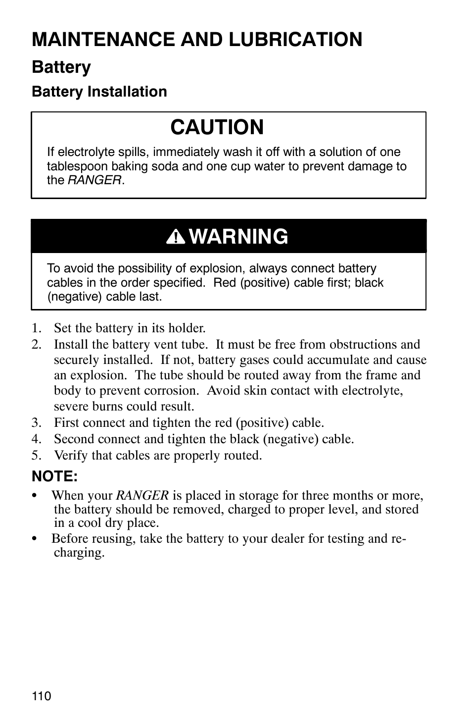 Caution, Warning, Maintenance and lubrication | Battery | Polaris Series 10 Ranger 425 2x4 User Manual | Page 112 / 121