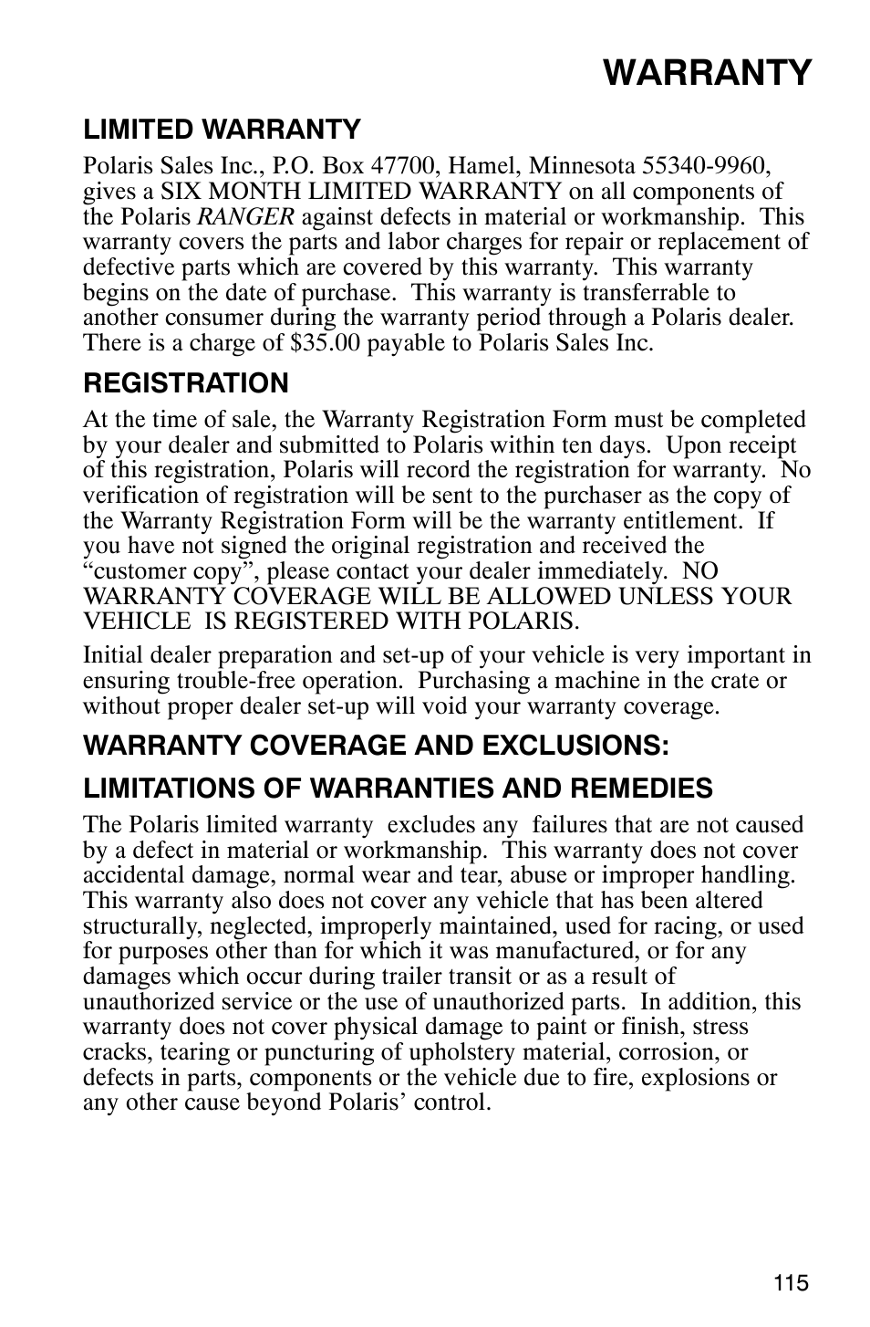 Warranty | Polaris Series 10 Ranger 425 2x4 User Manual | Page 117 / 121