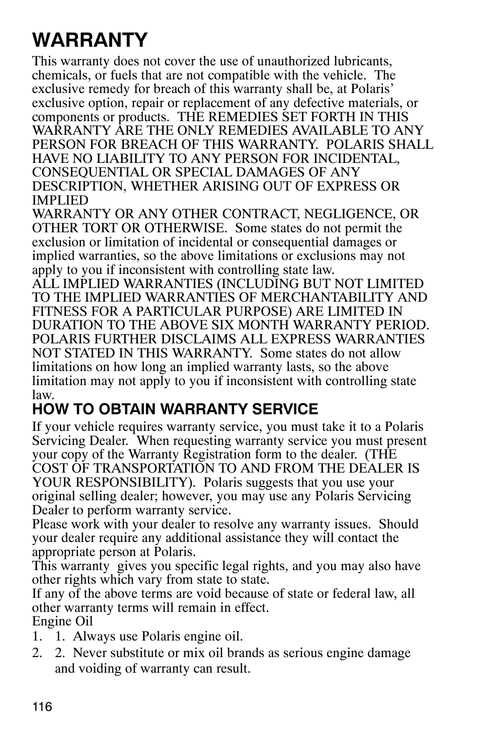 Warranty | Polaris Series 10 Ranger 425 2x4 User Manual | Page 118 / 121