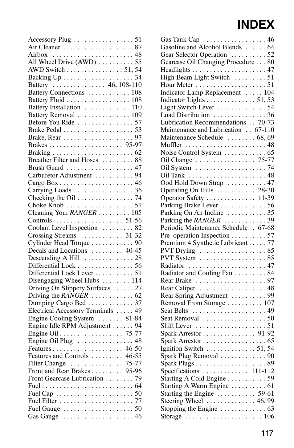 Index | Polaris Series 10 Ranger 425 2x4 User Manual | Page 119 / 121