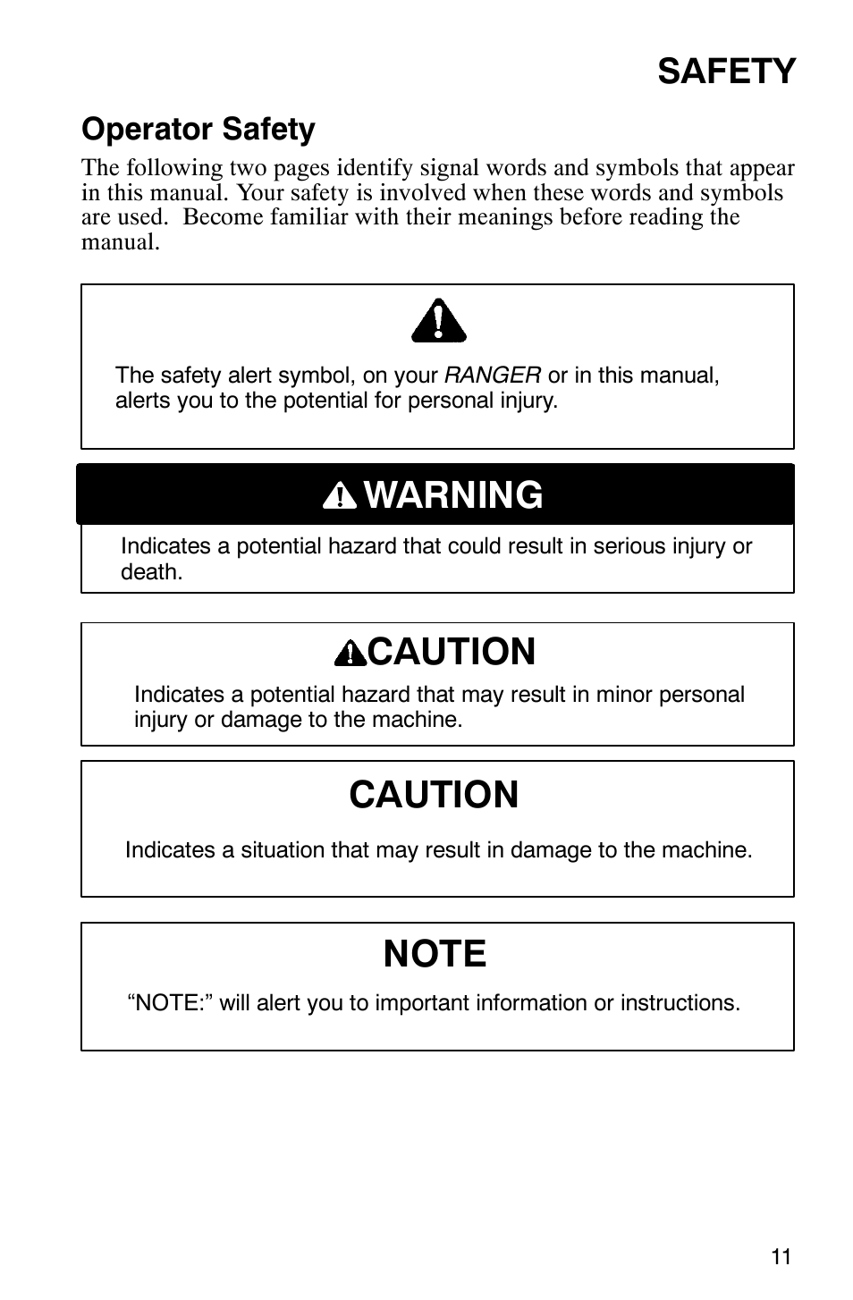 Caution warning, Safety, Operator safety | Polaris Series 10 Ranger 425 2x4 User Manual | Page 13 / 121