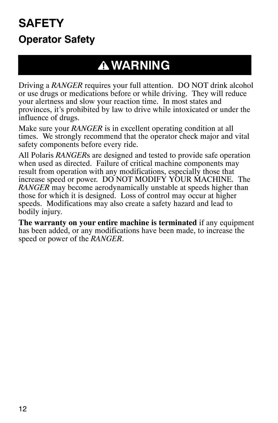 Warning, Safety, Operator safety | Polaris Series 10 Ranger 425 2x4 User Manual | Page 14 / 121