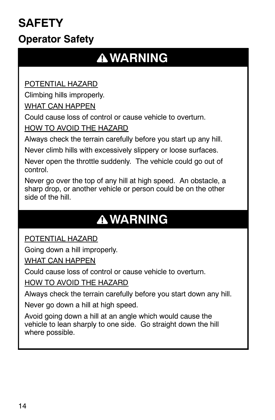 Warning, Safety, Operator safety | Polaris Series 10 Ranger 425 2x4 User Manual | Page 16 / 121