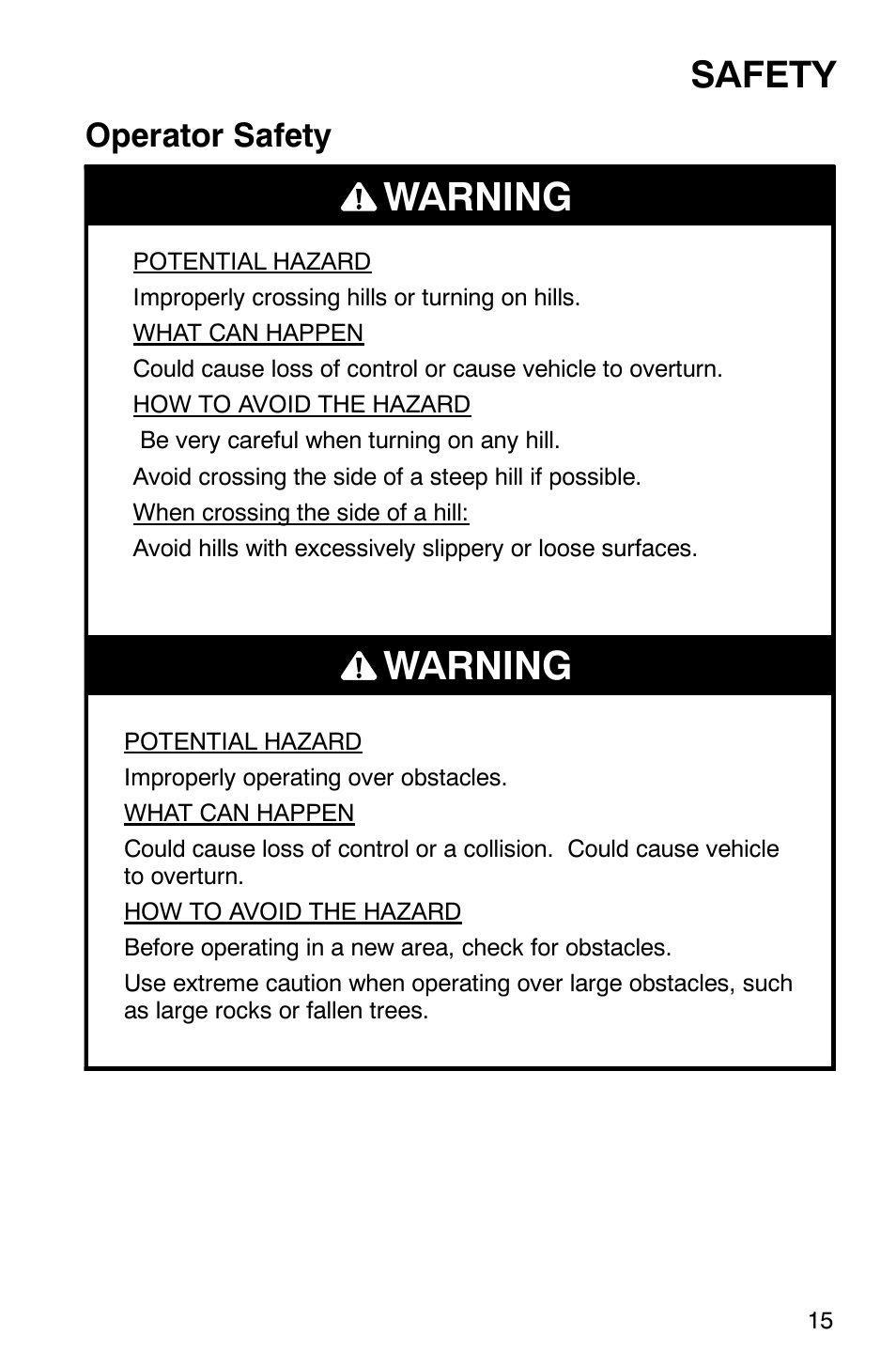 Warning, Safety, Operator safety | Polaris Series 10 Ranger 425 2x4 User Manual | Page 17 / 121