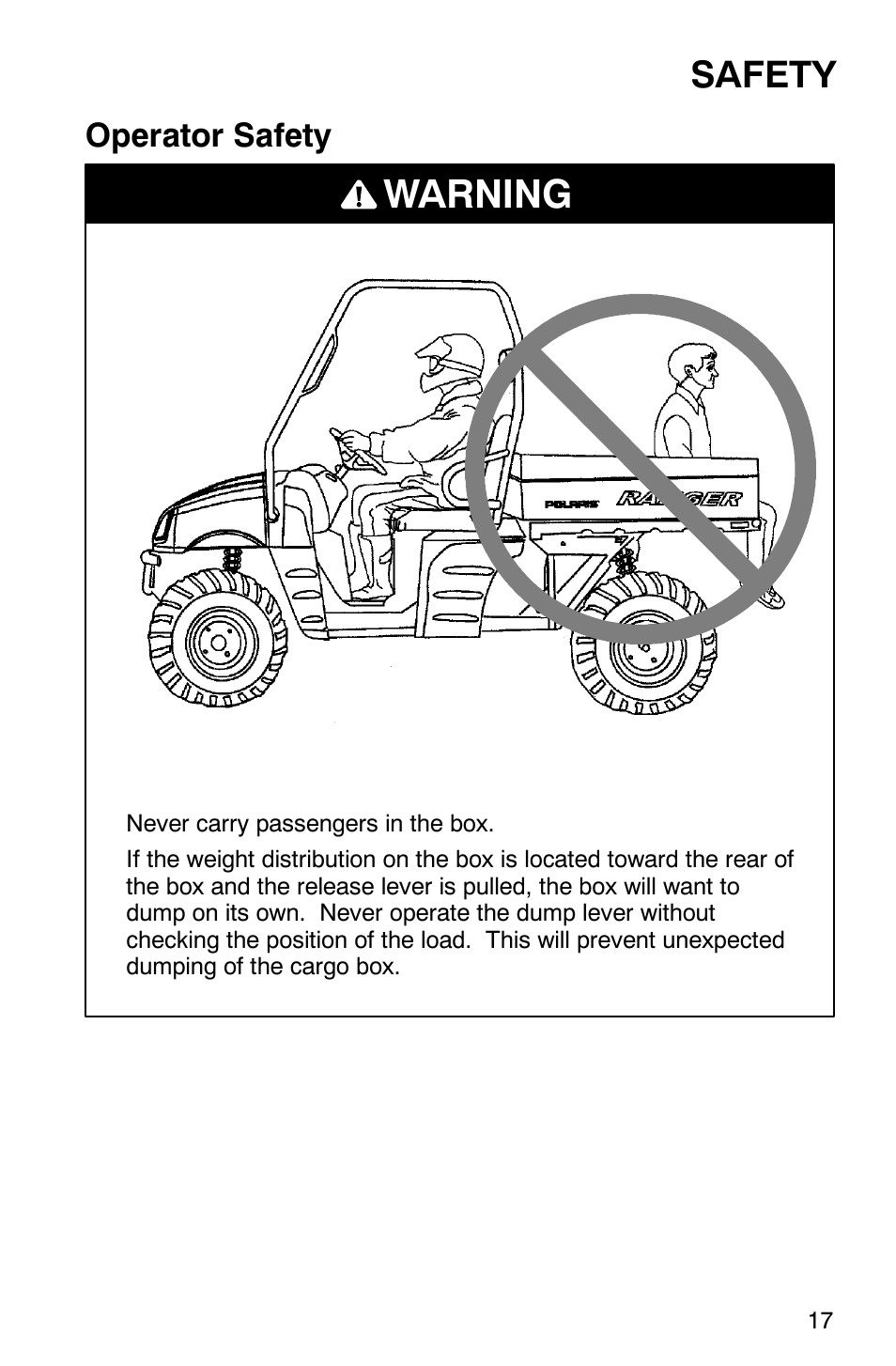 Warning, Safety, Operator safety | Polaris Series 10 Ranger 425 2x4 User Manual | Page 19 / 121
