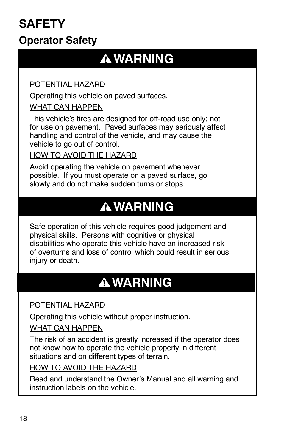 Warning, Safety, Operator safety | Polaris Series 10 Ranger 425 2x4 User Manual | Page 20 / 121