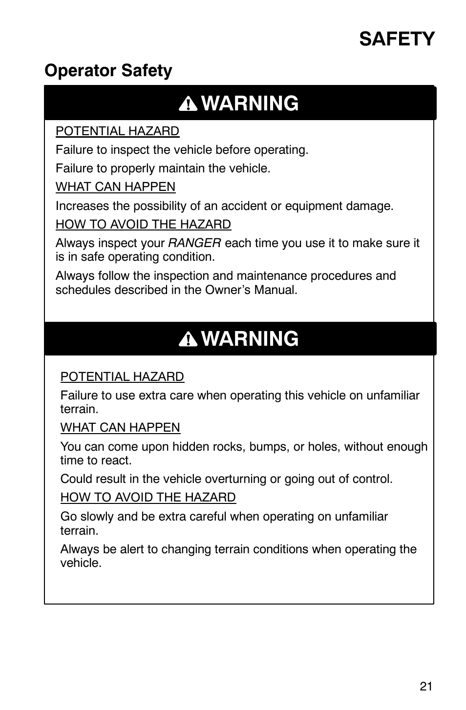 Warning, Safety, Operator safety | Polaris Series 10 Ranger 425 2x4 User Manual | Page 23 / 121