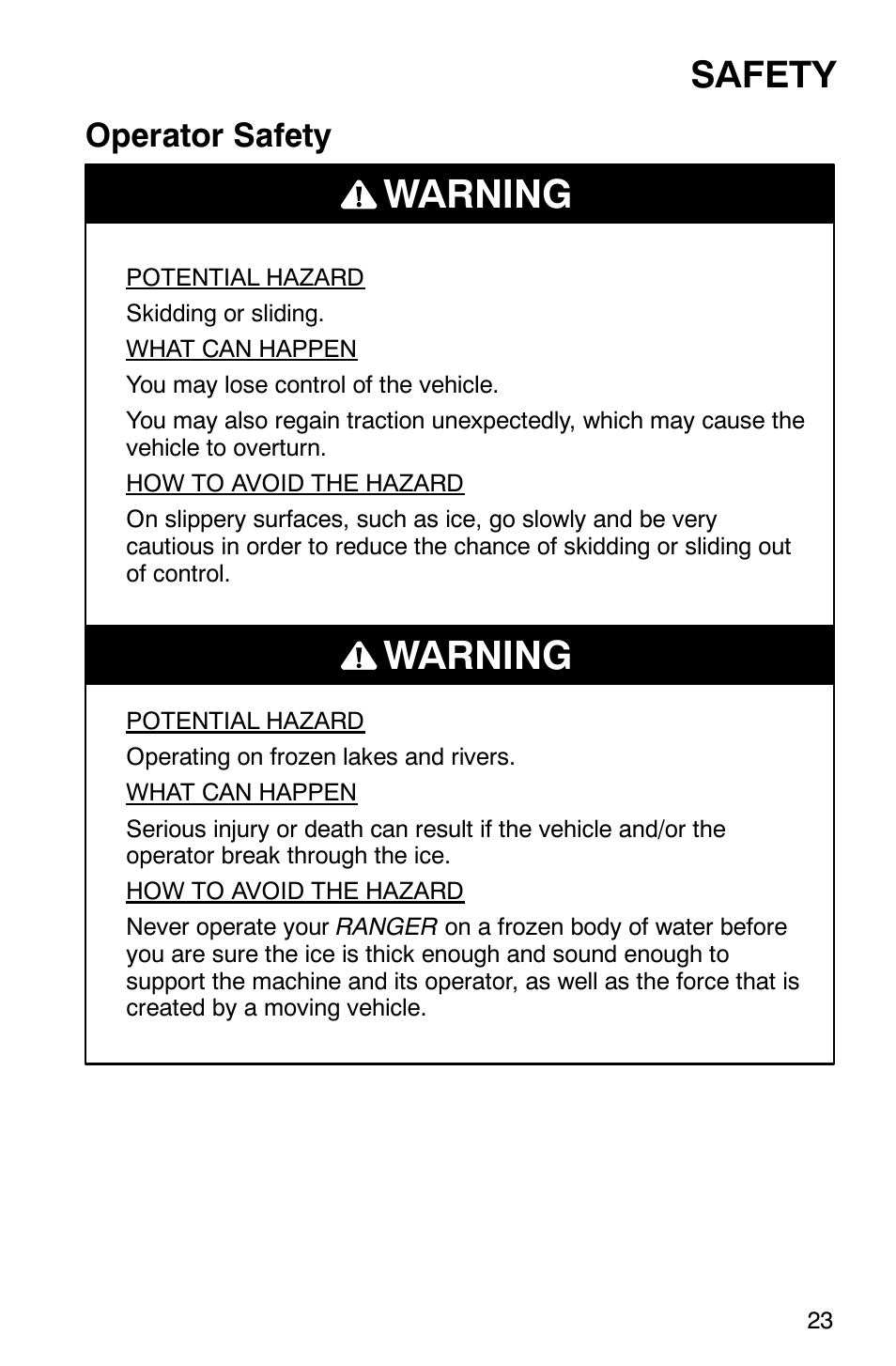 Warning, Safety, Operator safety | Polaris Series 10 Ranger 425 2x4 User Manual | Page 25 / 121