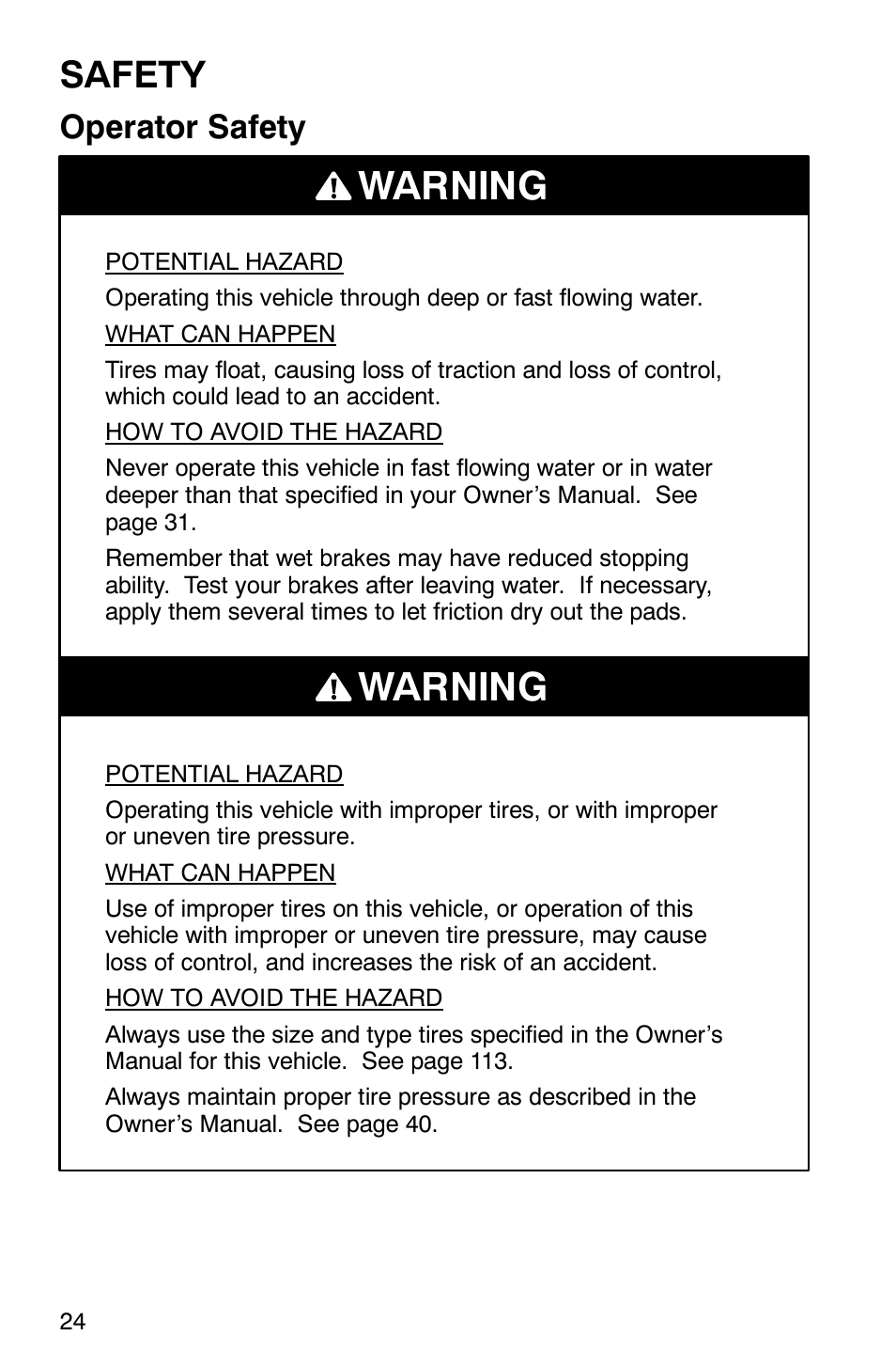 Warning, Safety, Operator safety | Polaris Series 10 Ranger 425 2x4 User Manual | Page 26 / 121