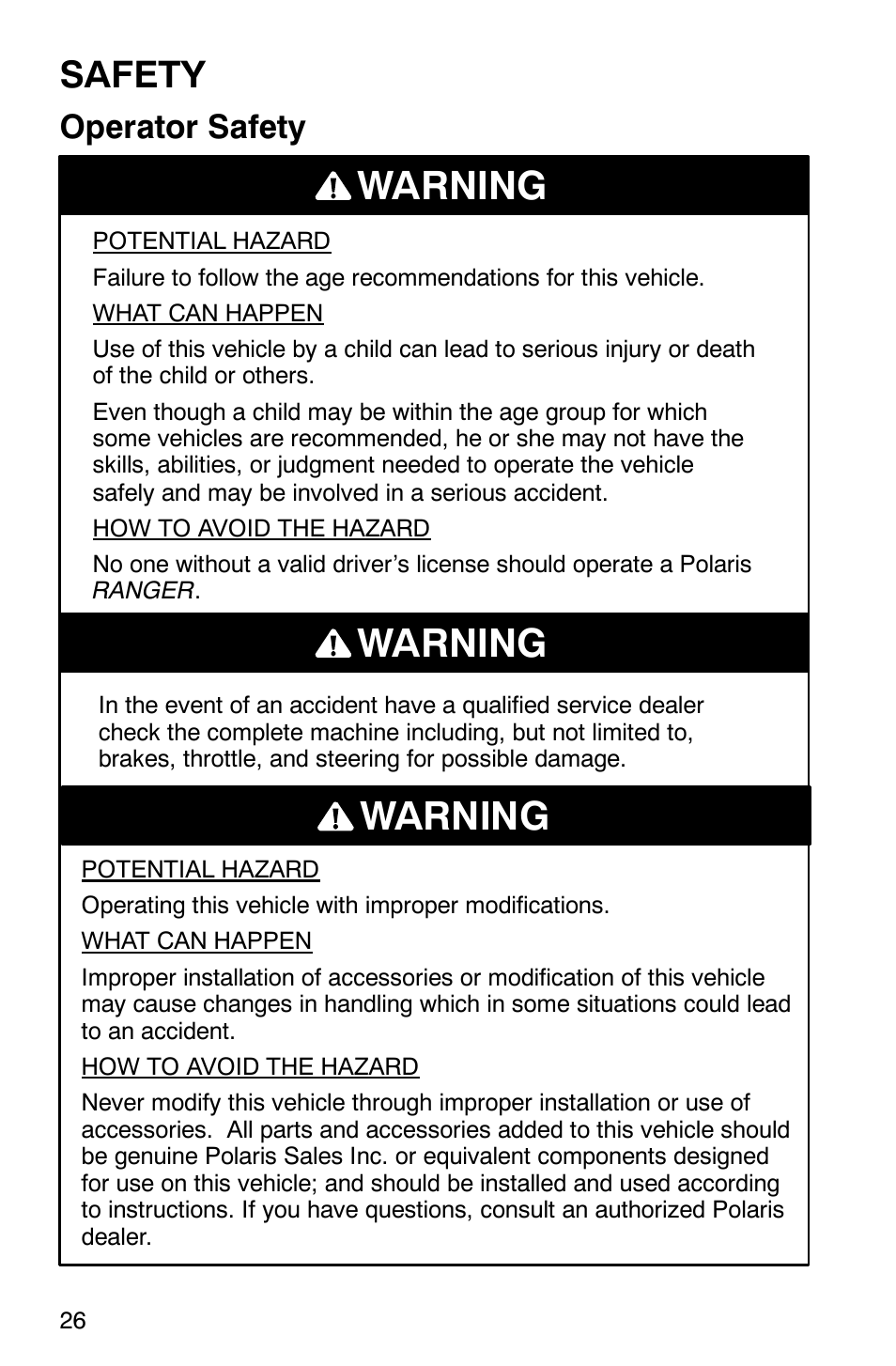 Warning, Safety, Operator safety | Polaris Series 10 Ranger 425 2x4 User Manual | Page 28 / 121