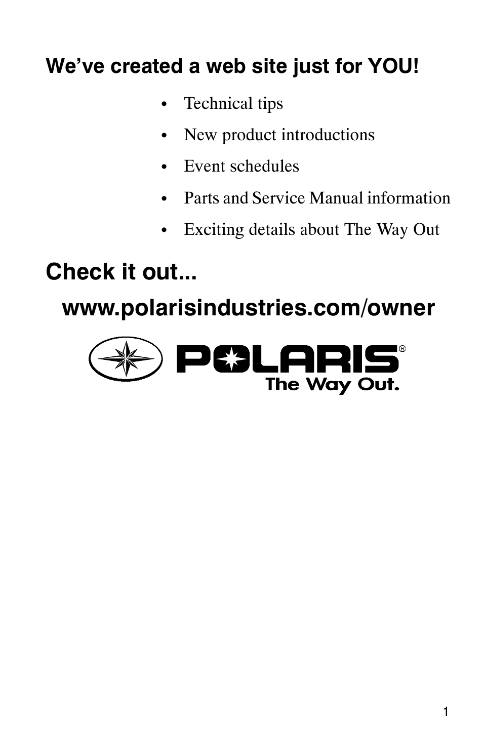 We’ve created a web site just for you | Polaris Series 10 Ranger 425 2x4 User Manual | Page 3 / 121