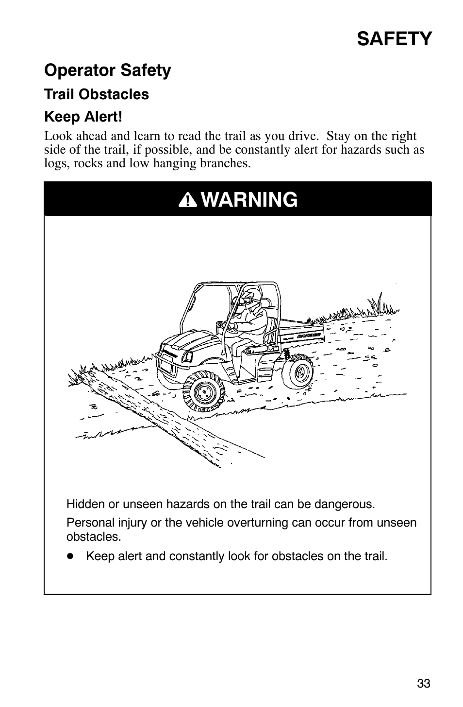 Warning, Safety, Operator safety | Polaris Series 10 Ranger 425 2x4 User Manual | Page 35 / 121