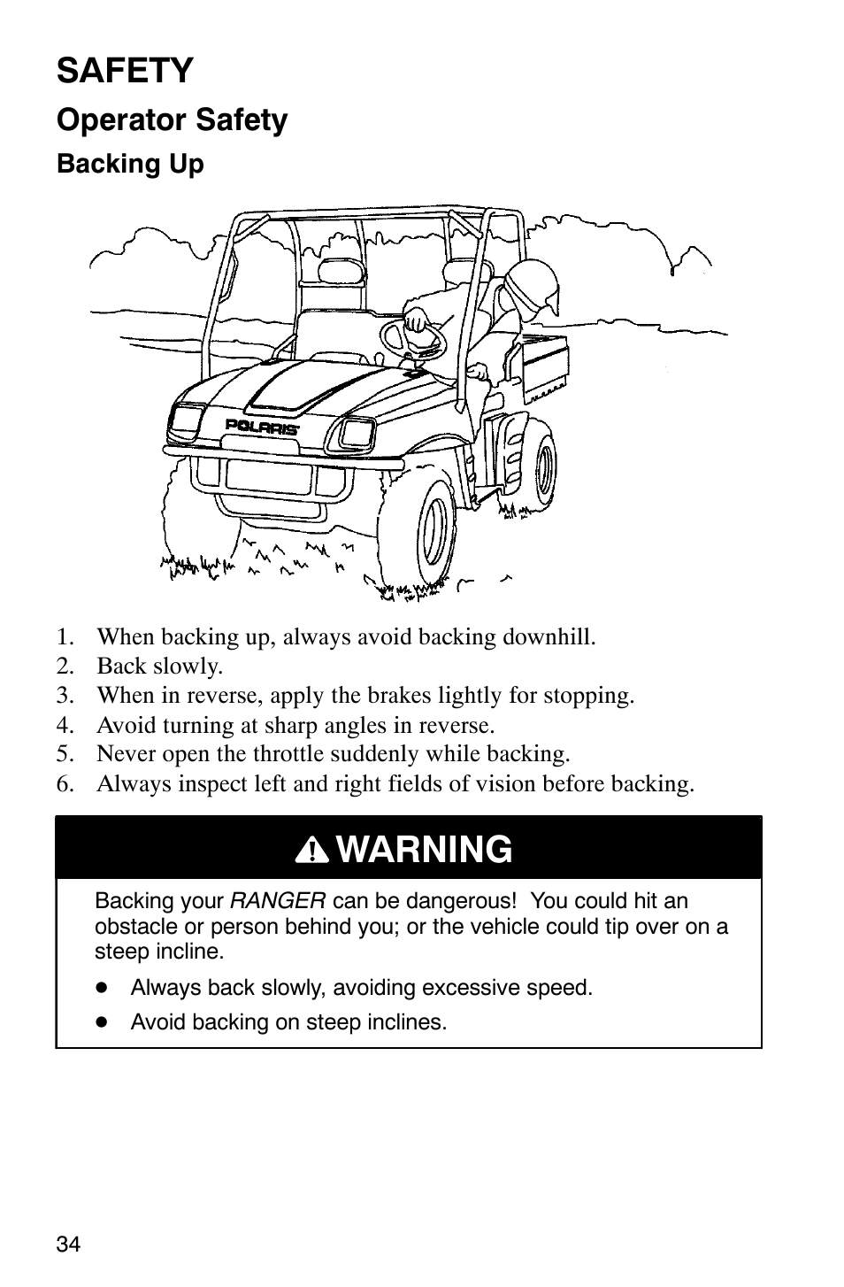 Warning, Safety, Operator safety | Polaris Series 10 Ranger 425 2x4 User Manual | Page 36 / 121