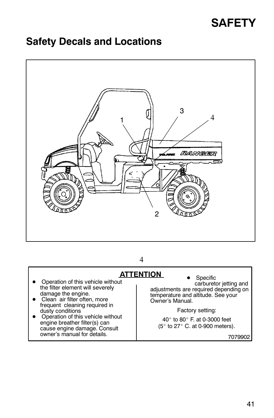 Safety, Safety decals and locations | Polaris Series 10 Ranger 425 2x4 User Manual | Page 43 / 121