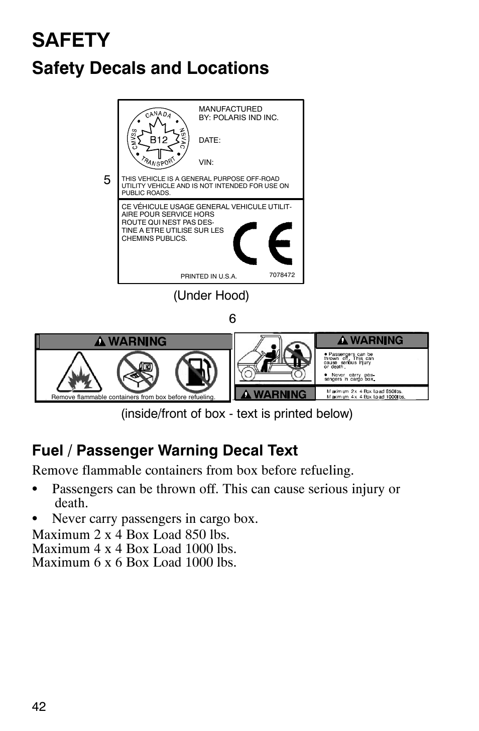 Safety, Safety decals and locations, Fuel / passenger warning decal text | Polaris Series 10 Ranger 425 2x4 User Manual | Page 44 / 121