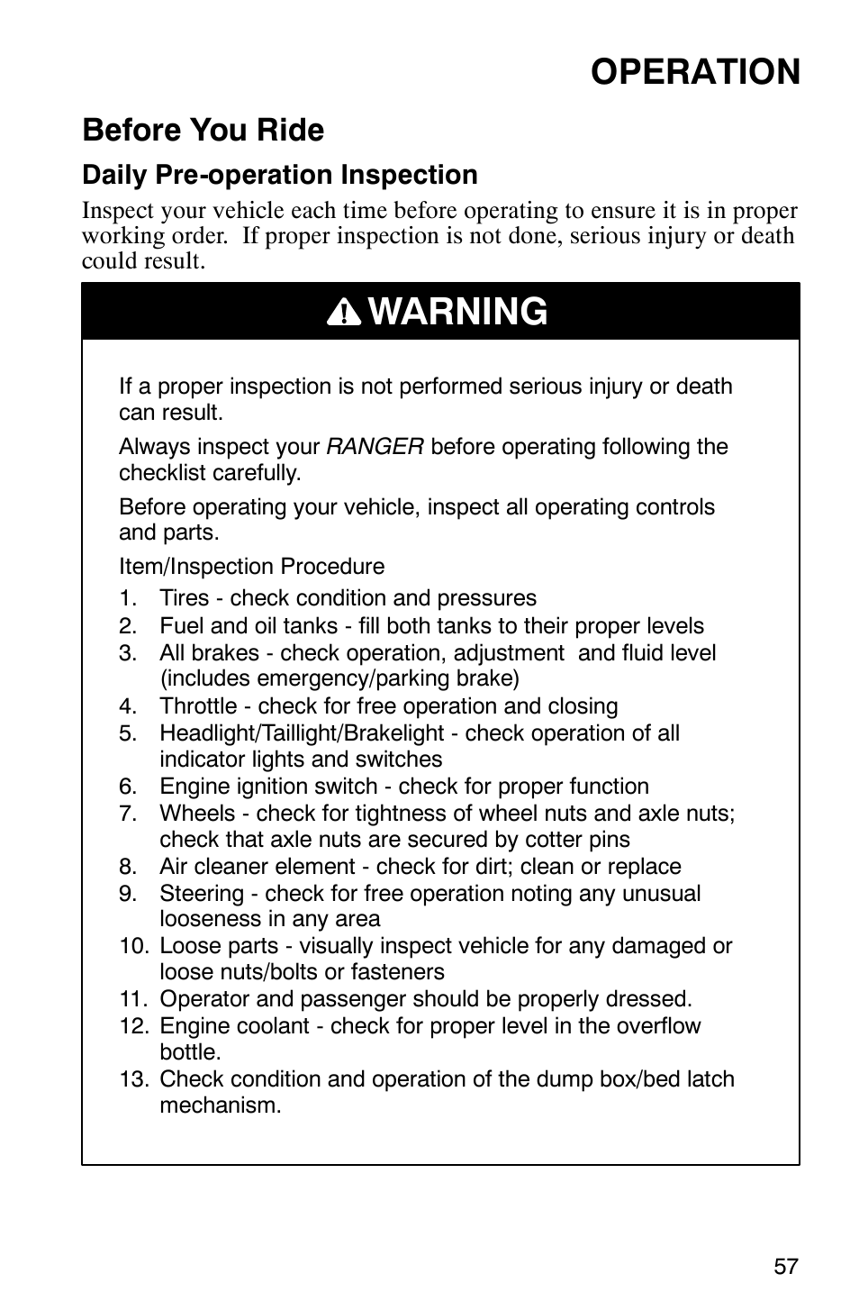 Warning, Operation, Before you ride | Polaris Series 10 Ranger 425 2x4 User Manual | Page 59 / 121