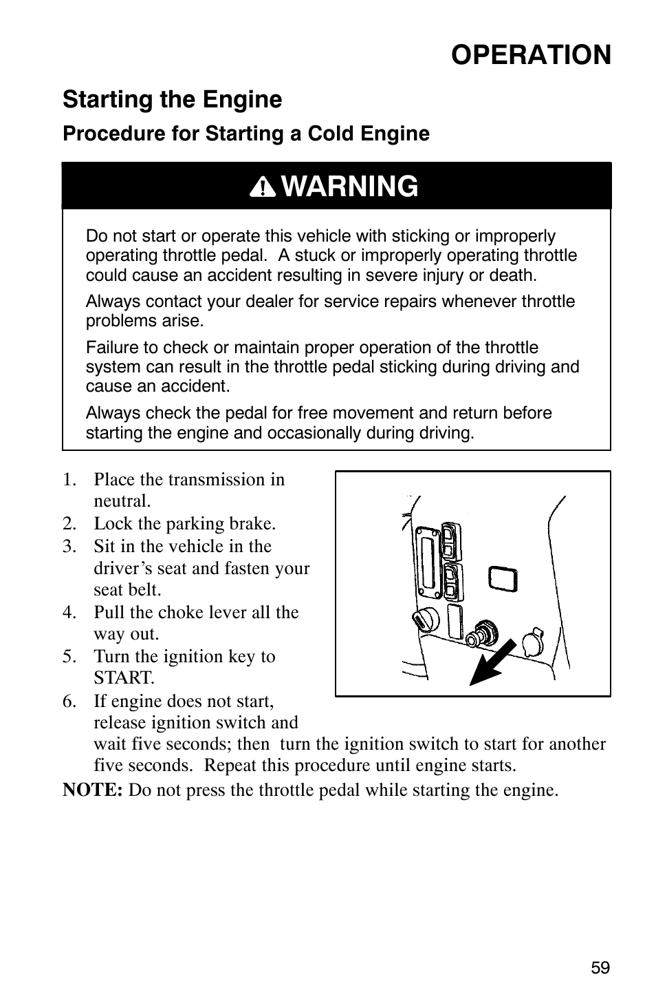 Warning, Operation, Starting the engine | Polaris Series 10 Ranger 425 2x4 User Manual | Page 61 / 121