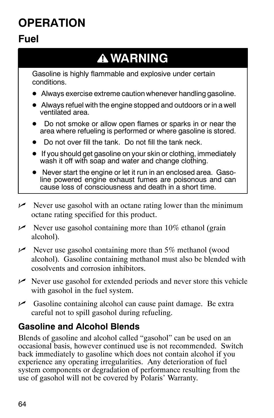 Warning, Operation, Fuel | Polaris Series 10 Ranger 425 2x4 User Manual | Page 66 / 121