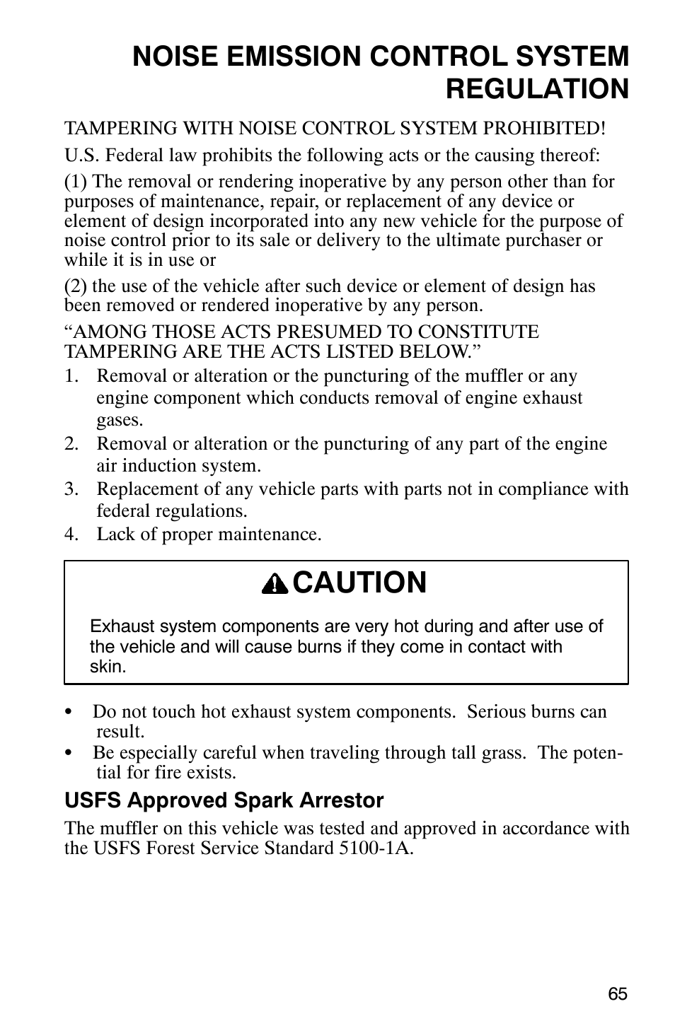 Caution, Noise emission control system regulation | Polaris Series 10 Ranger 425 2x4 User Manual | Page 67 / 121