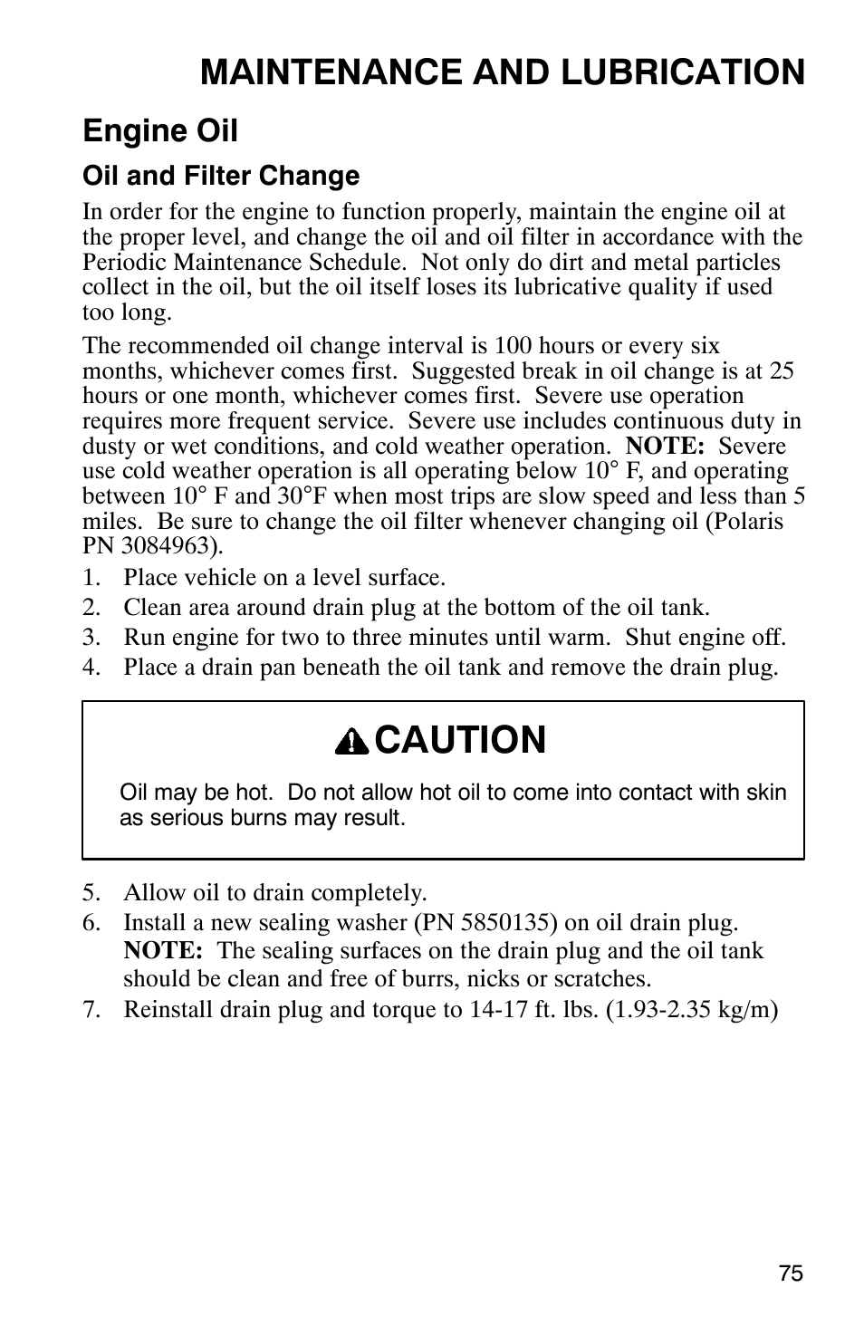 Caution, Maintenance and lubrication, Engine oil | Polaris Series 10 Ranger 425 2x4 User Manual | Page 77 / 121