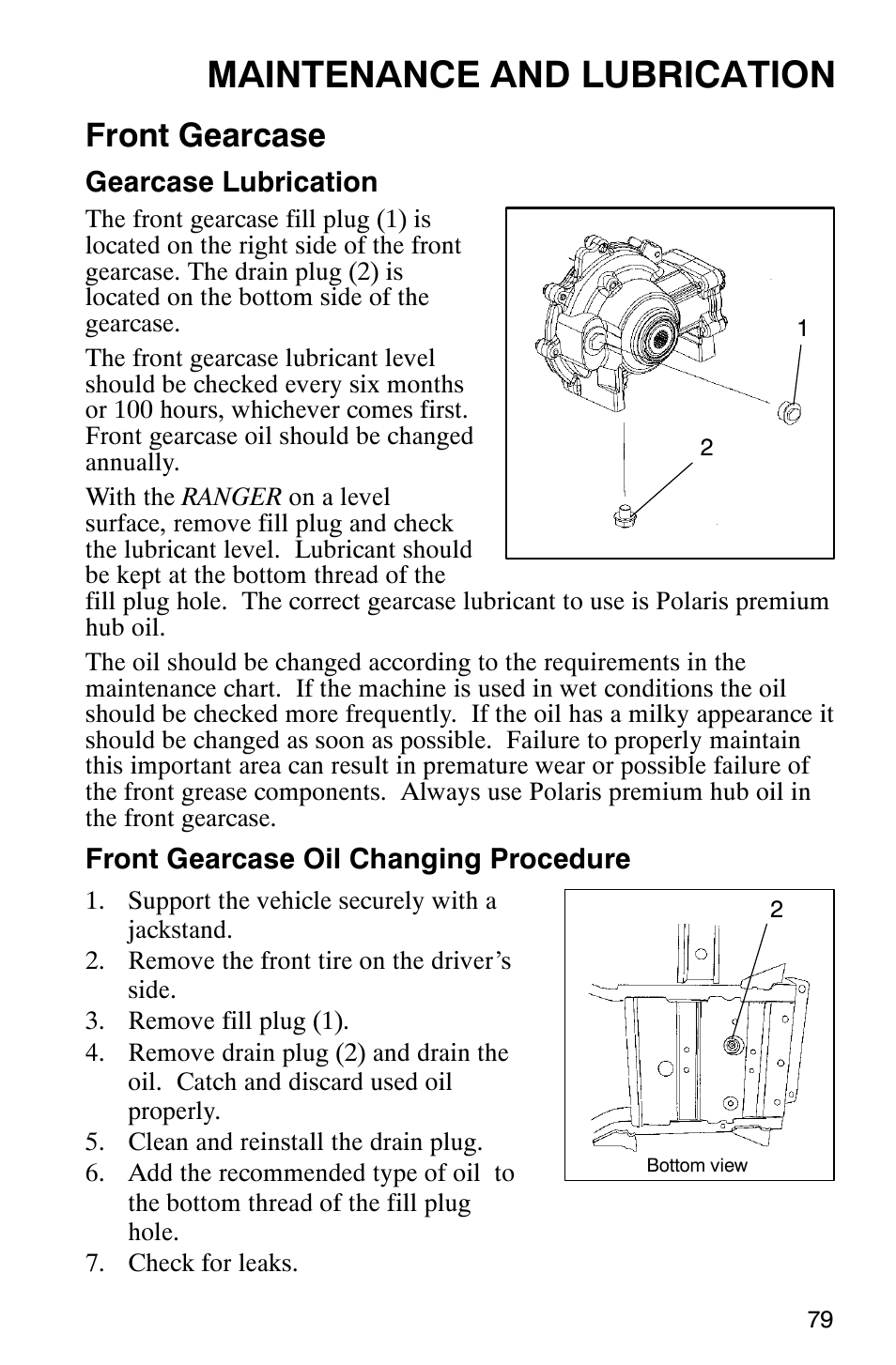 Maintenance and lubrication, Front gearcase | Polaris Series 10 Ranger 425 2x4 User Manual | Page 81 / 121
