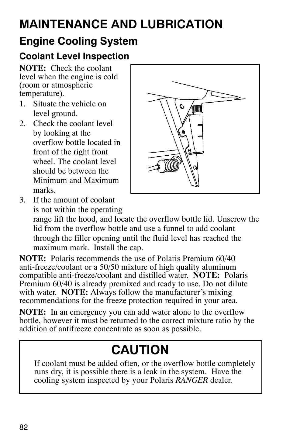 Caution, Maintenance and lubrication, Engine cooling system | Polaris Series 10 Ranger 425 2x4 User Manual | Page 84 / 121