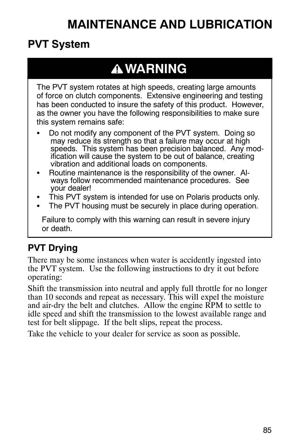 Warning, Maintenance and lubrication, Pvt system | Polaris Series 10 Ranger 425 2x4 User Manual | Page 87 / 121