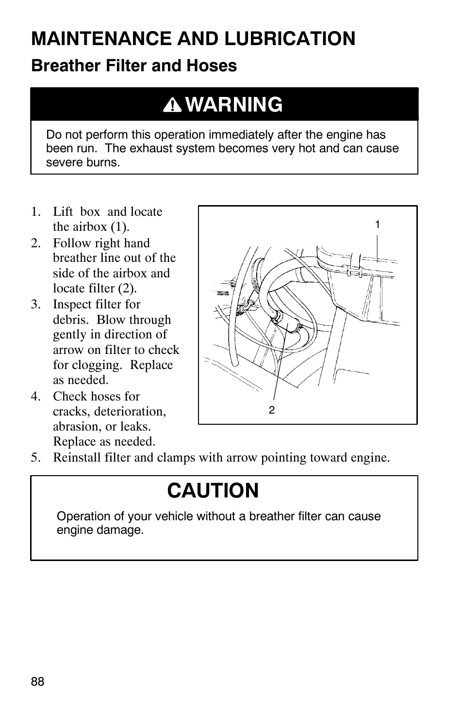 Warning, Caution, Maintenance and lubrication | Breather filter and hoses | Polaris Series 10 Ranger 425 2x4 User Manual | Page 90 / 121