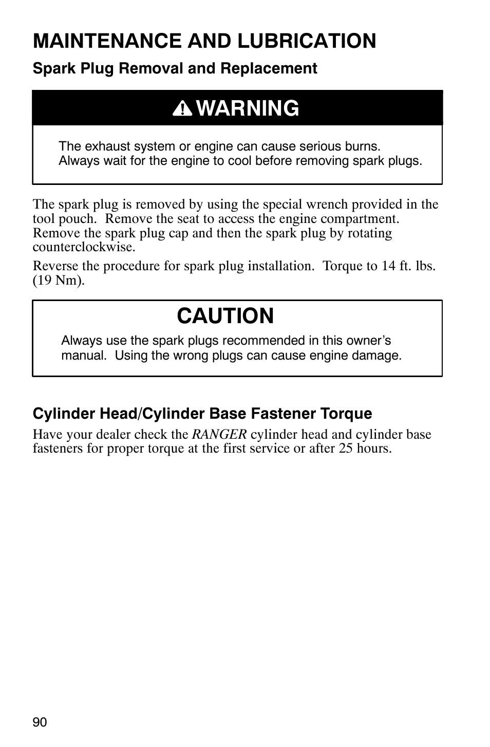 Warning caution, Maintenance and lubrication | Polaris Series 10 Ranger 425 2x4 User Manual | Page 92 / 121
