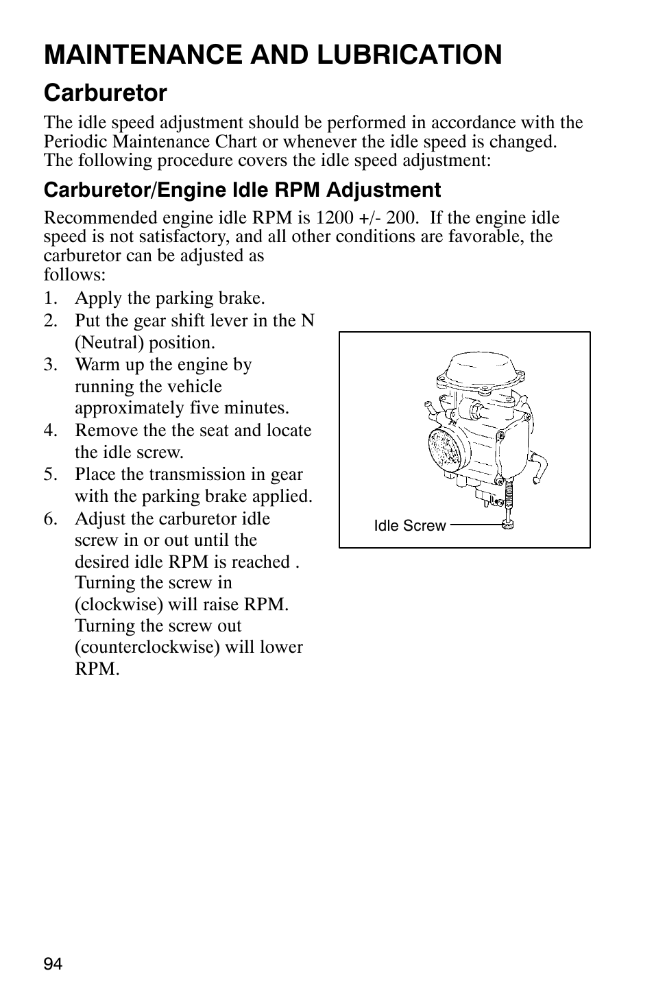 Maintenance and lubrication, Carburetor | Polaris Series 10 Ranger 425 2x4 User Manual | Page 96 / 121